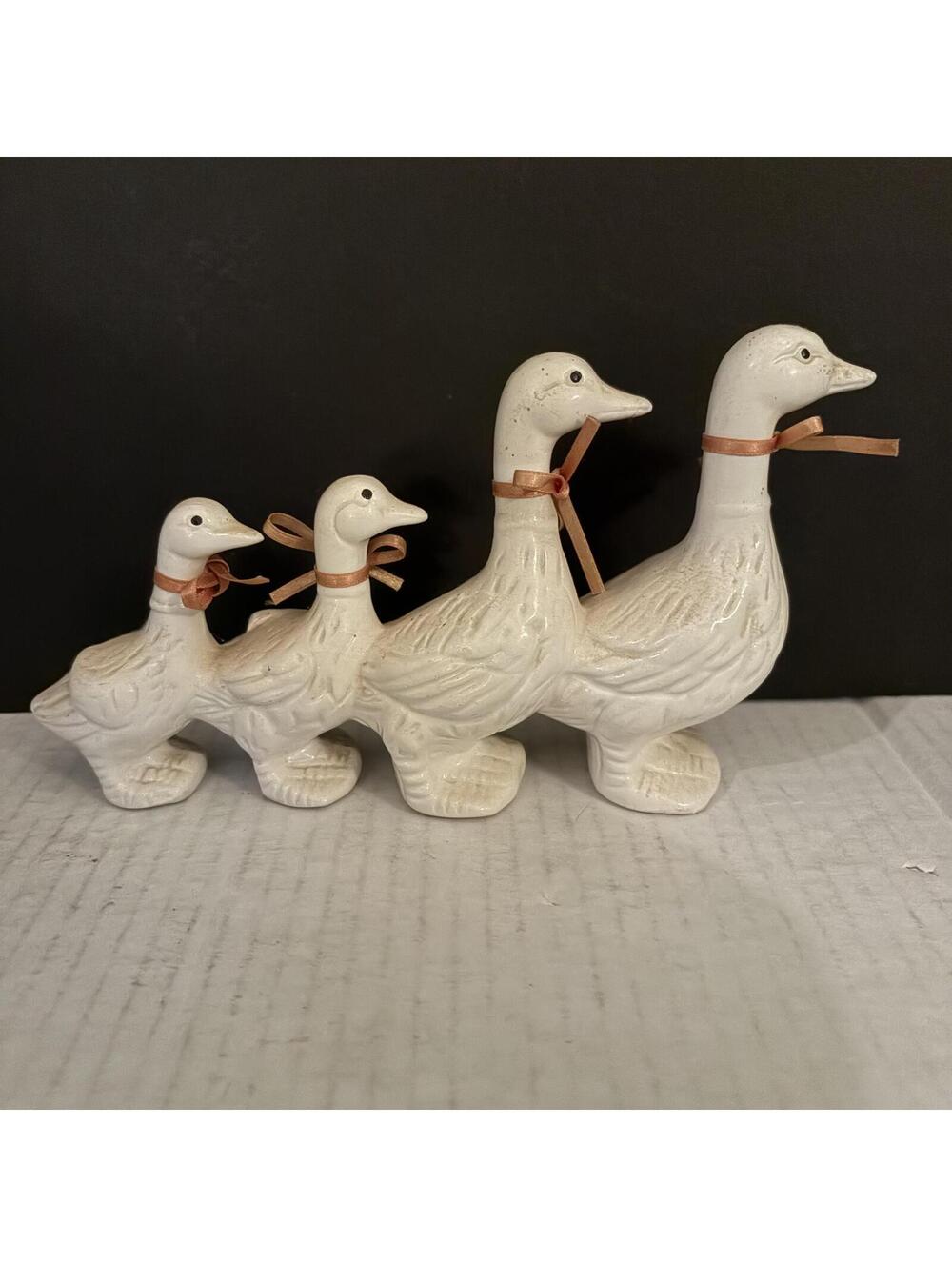 Set of 4 Ceramic Duck Family Figurines with Ribbon Neck Ties